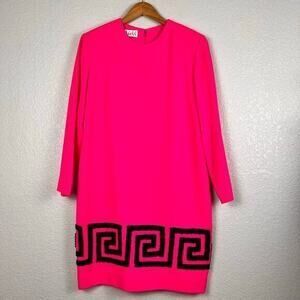 Vtg Steven Stolman Shift Dress‎ Womens 10/12 Wool Hot Pink Greek Key Mod Retro